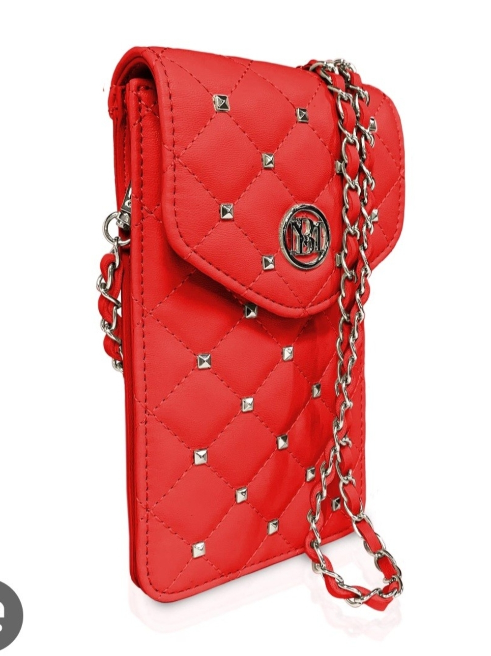 Badgley Mischka Red Quilted Crossbody Phone Bag with Chain Strap and Card Slots.